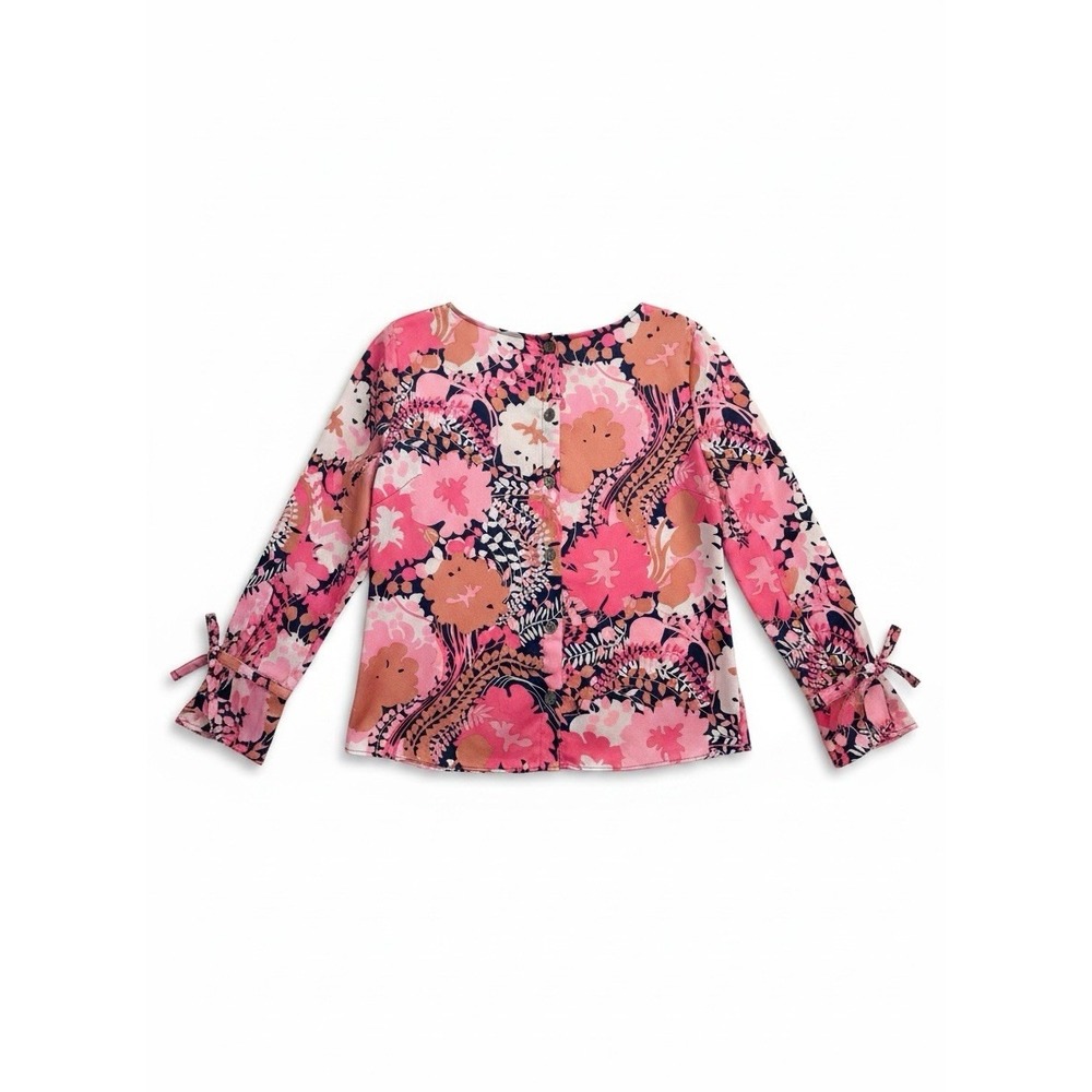 Gorgeous Talbots Sz S Pink Floral Blouse Button Accents Cuffs With Bows